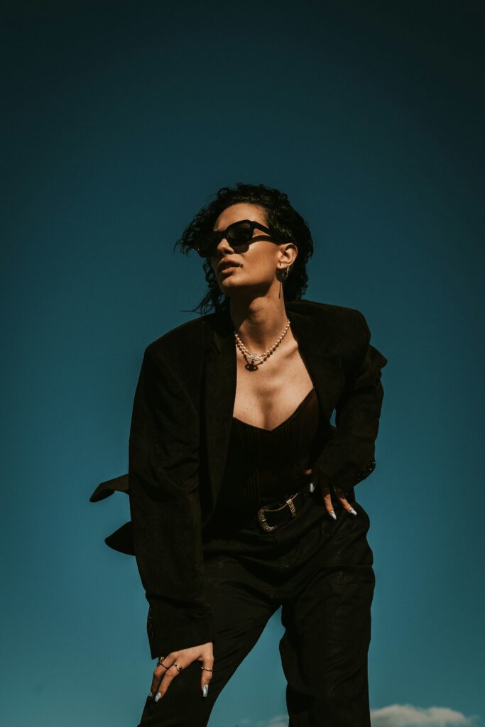 black outfit, dessert background, nails